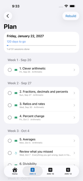 A study plan: dated sessions up to exam day, lessons first, then past papers