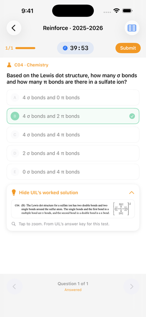 A chemistry question answered in Reinforce mode, with UIL's worked solution below