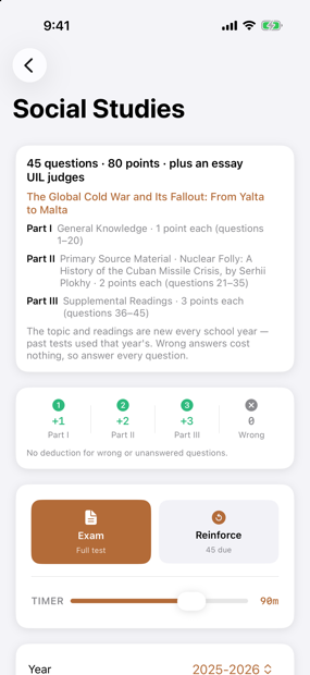 A High School Social Studies test with its topic, three parts and scoring