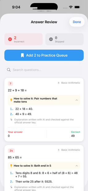 Answer review showing a missed Number Sense question with How to solve it: the shortcut and two steps