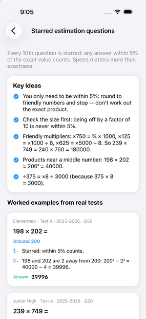 A Skill Lesson on starred estimation questions with key ideas and a worked example
